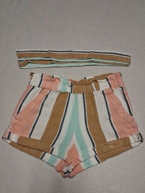 Ripzone High-Waist Striped Paperbag Shorts in Peach, Mint & Tan